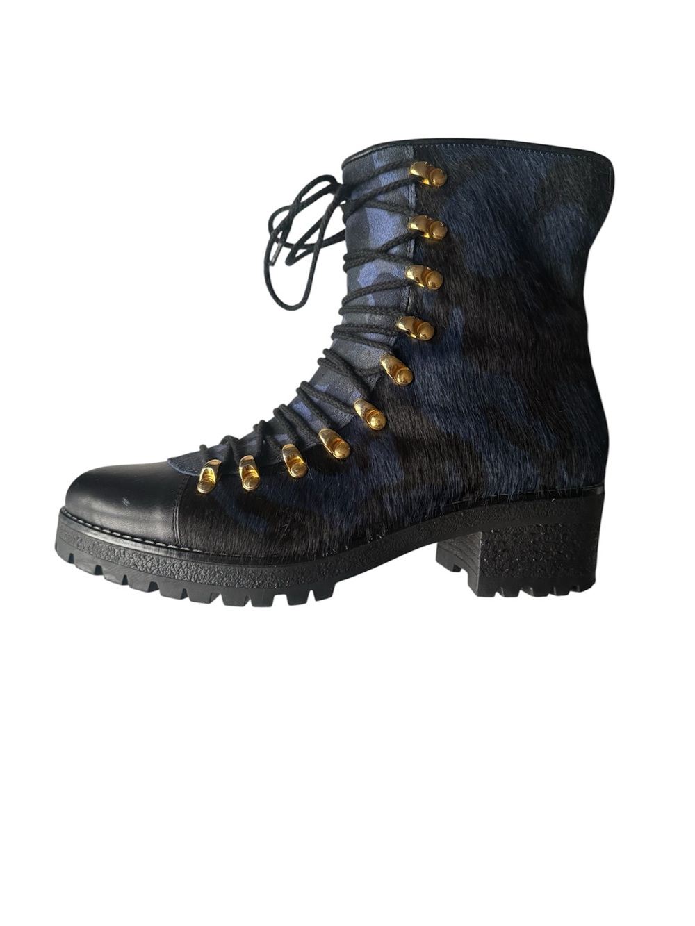 DIAVOLEZZA Italy Camo Calf Hair Lace-Up Combat Boots | Navy & Black, EU Size 39